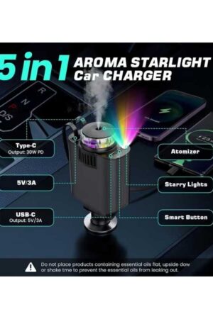 5 in 1 Retractable Car Charger with Starlight, Car Charger Adapter, 45 W Fast Charging Cars Phone Chargers, Car Air Freshener refillable, Compatible for All types of smartphones.